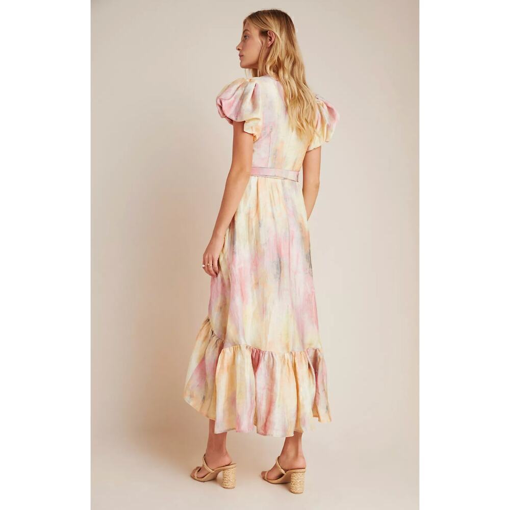 B51 Hunter Bell Sunset Ruffled Midi Dress 0‎ Linen Belted Puff Sleeve Flowy - Picture 3 of 9